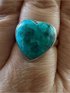 Turquoise Heart Sterling Ring - Blue Heart Gemstone Ring, Size 7